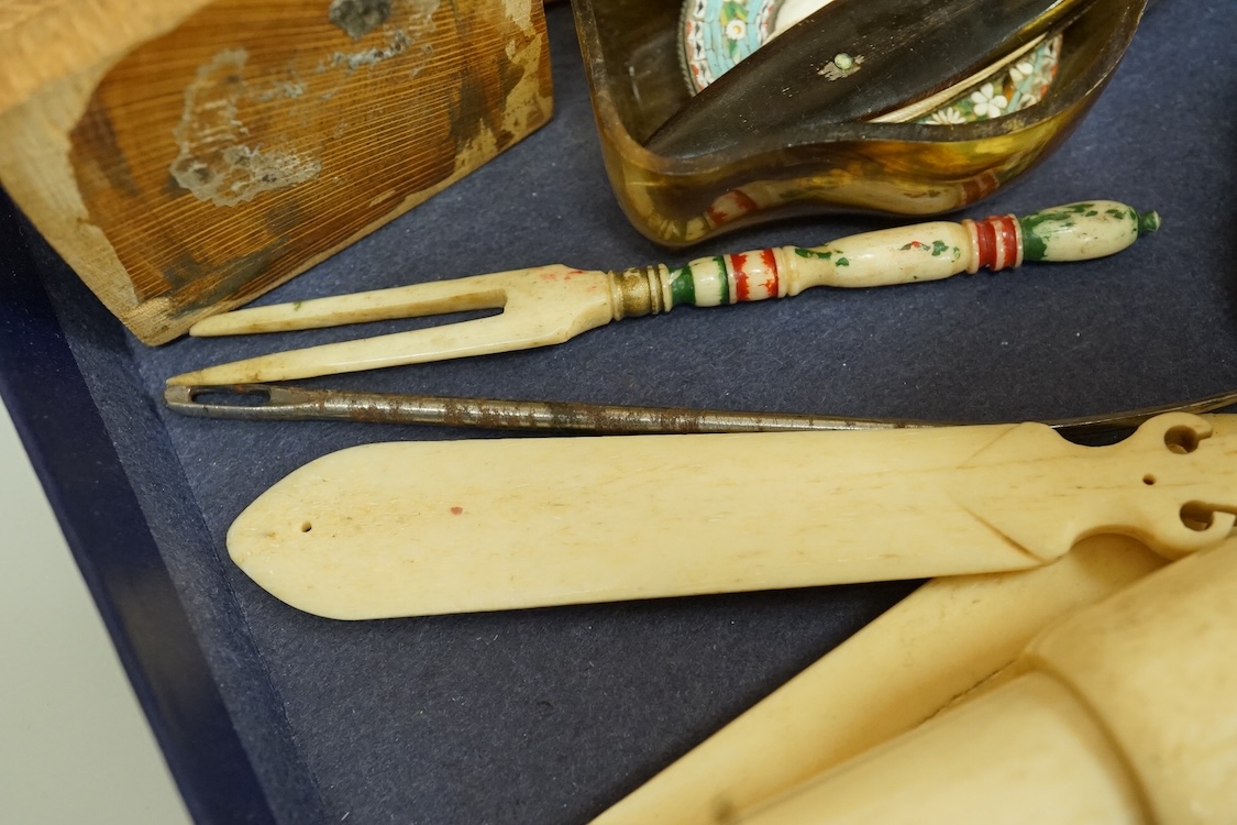 A group of mixed collectables including postcards, bone items, Chinese miniature hardstone flowers, etc.